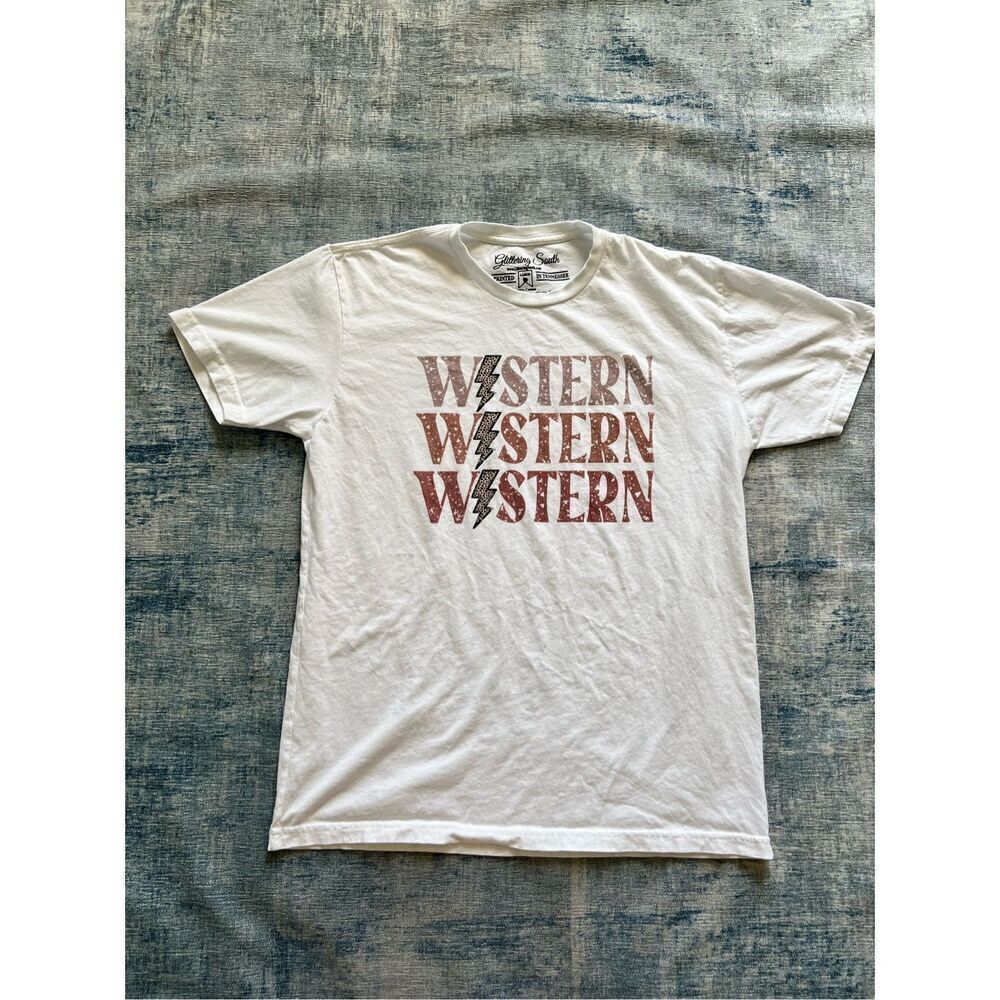 Glittering South White Tan Leopard Print Lightning Bolt Western Tee Large